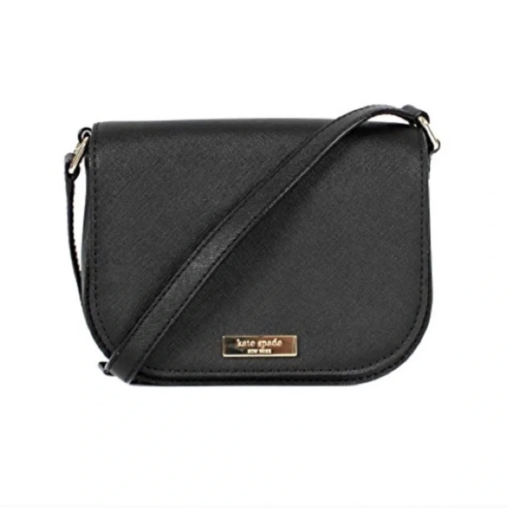 Kate Spade New York Black Hatch Leather Carsen Crossbody Bag Purse Small Gold - Picture 1 of 16